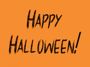 An orange Happy Halloween image with black scary font. A Brief History of Halloween.