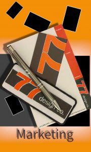 Business Marketing & Content. An orange and black design image of the 77 Design Co notebook, pen, and other marketing materials.